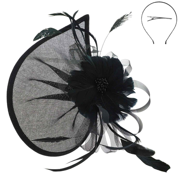 Beaded Pistil Feather Flower w/ Loops Mesh Fascinator: Burgundy