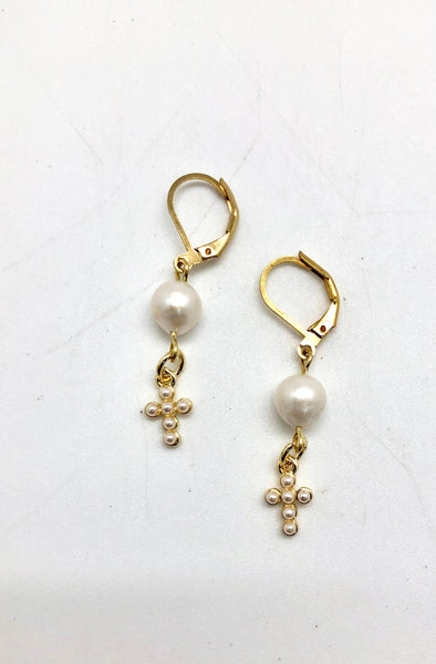 Earring Freshwater Pearl w/Glass Pearl Cross Drop FrenchHook