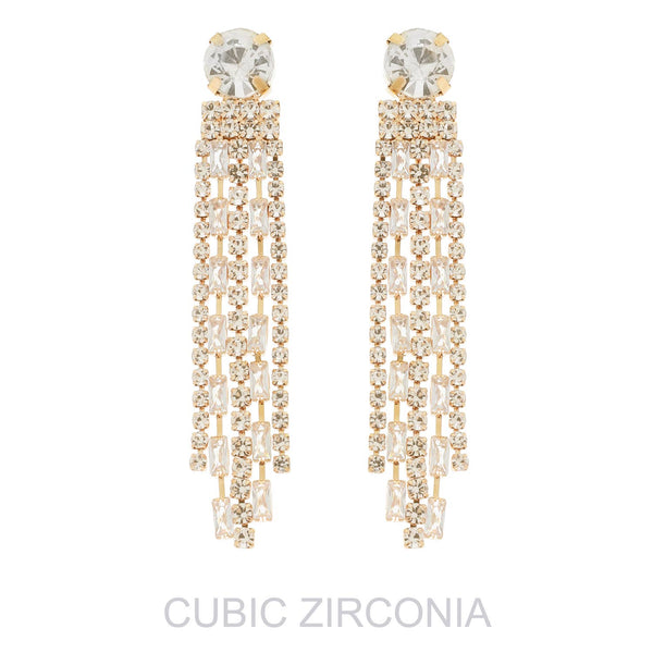 Cubic Zirconia Gemstone Post Tassel Earrings: Silver
