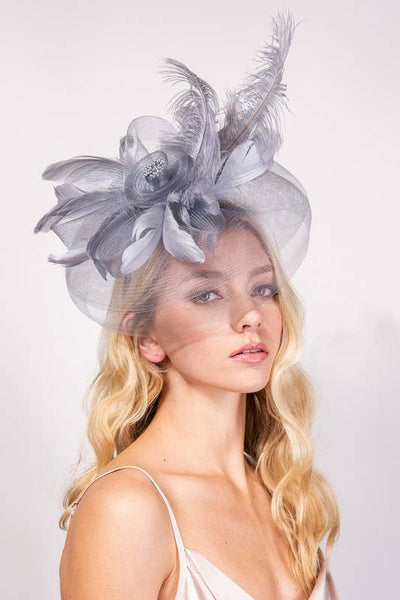 DERBY PEACOCK FEATHER ROSE FASCINATOR HEADBAND HTH2683: Gy