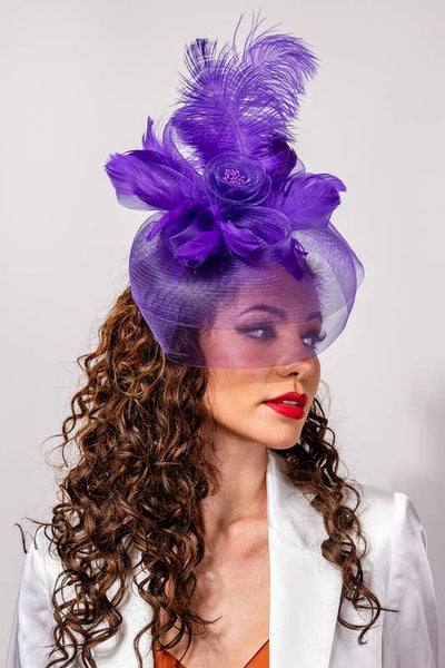 DERBY PEACOCK FEATHER ROSE FASCINATOR HEADBAND HTH2683: Gy