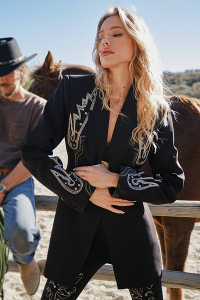 23503J - Woven Suiting Embroidered Tunic Blazer: BLACK / M