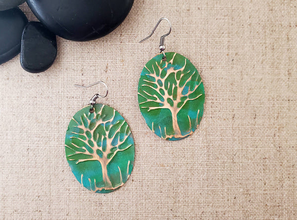 Large Oval Embossed Tree Paint Patina Earrings: Navy