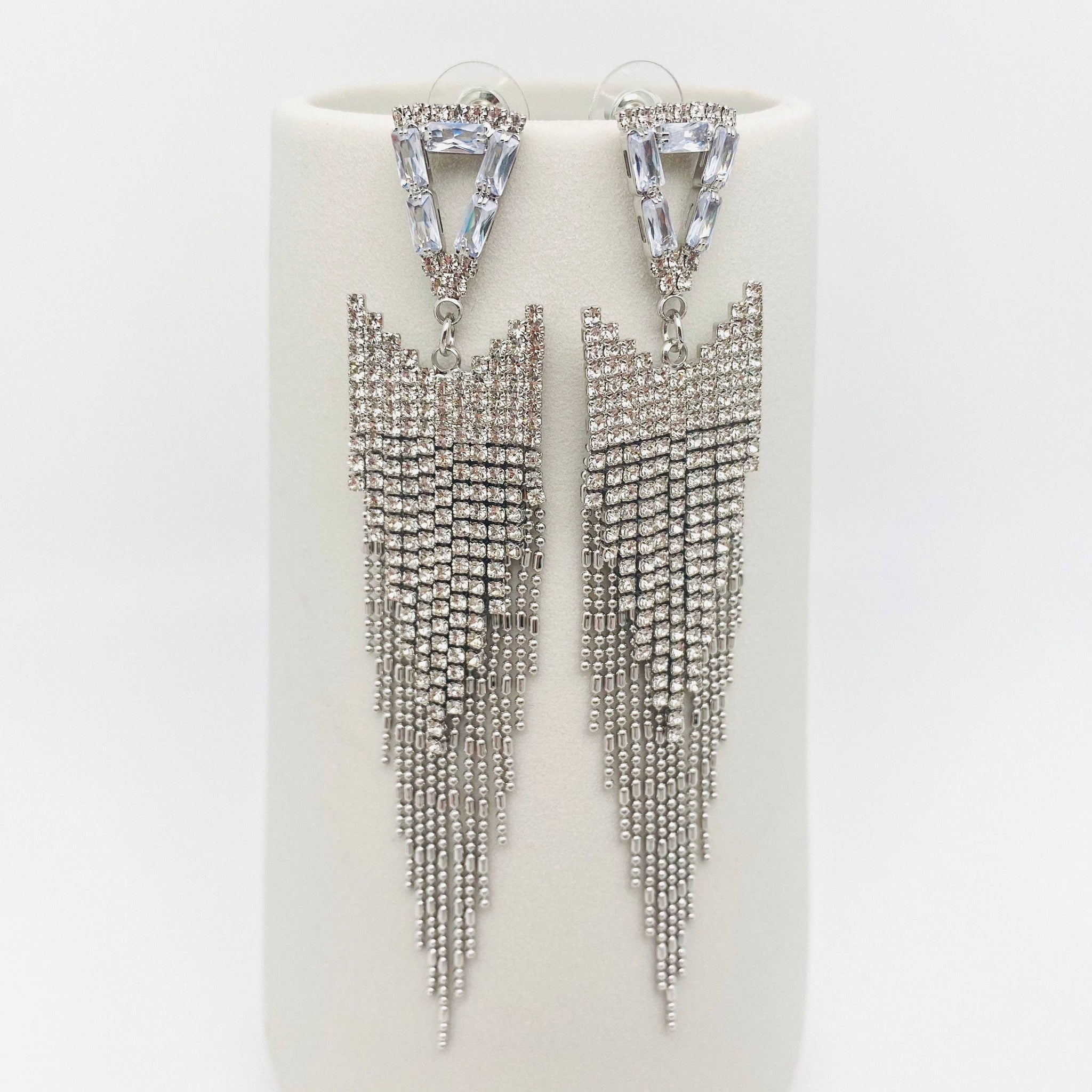 Silver Triangle Rhinestone Tassel Earrings: Silver