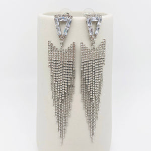 Silver Triangle Rhinestone Tassel Earrings: Silver