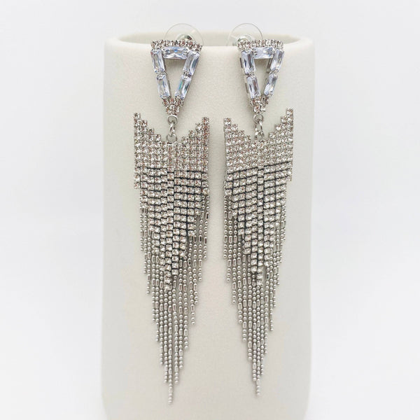 Silver Triangle Rhinestone Tassel Earrings: Silver