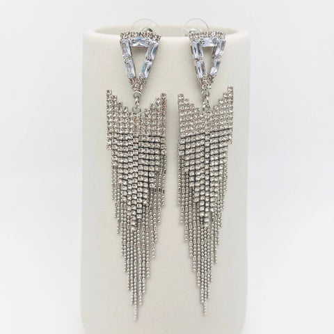 Silver Triangle Rhinestone Tassel Earrings: Silver