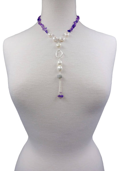 Gemstones & Pearl Tassel Necklace: Amethyst