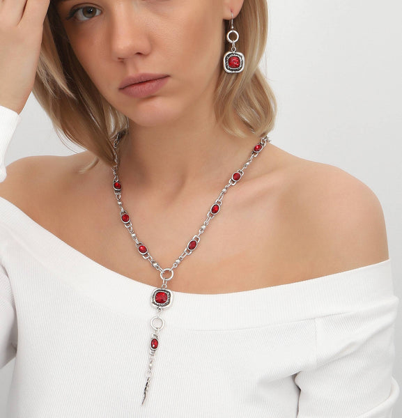 Jewelry Set with Red Crystal Chain Necklace and Earrings: Silver / Brass