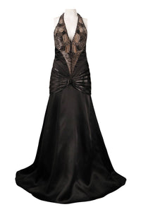 Black Halter Strap Silk Chiffon Gown