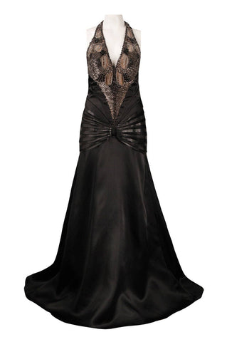 Black Halter Strap Silk Chiffon Gown