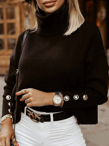 Casual Loose Solid Color High-Neck Long Sleeves Knitwear: WHITE / S