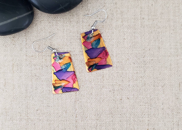 Alcohol Ink Small Trapezoid Earrings: Blue/Browns