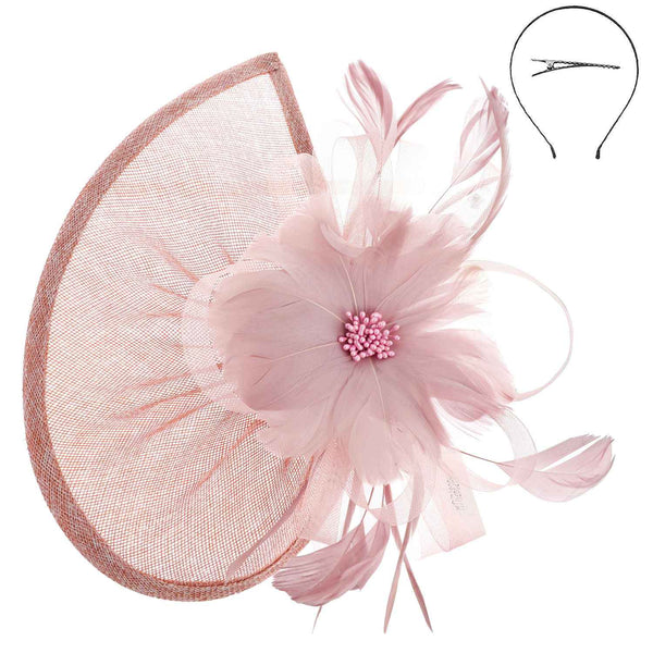 Beaded Pistil Feather Flower w/ Loops Mesh Fascinator: Burgundy