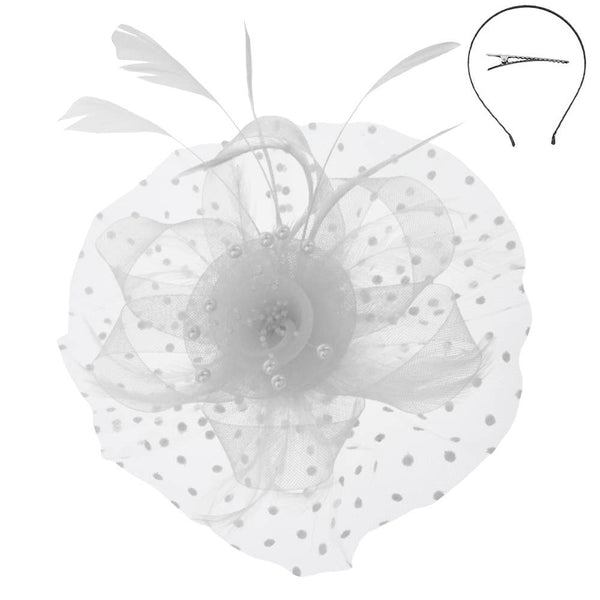 Organza Ribbon Flower Fascinator w/ Feathers & Dotted Mesh: White