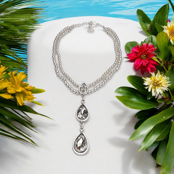 Double Strand Pewter Necklace with Two Crystal Pendants