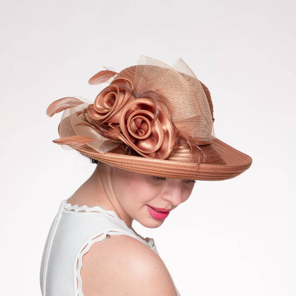 Satin Ribbon Kettle brim with flower embellishment: Bronze