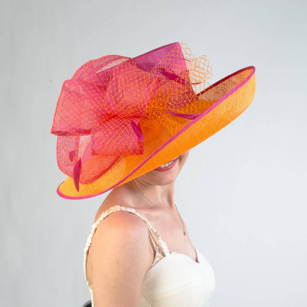 Large Two Tone Veil Sinamay Hat`: Lt. Pink+Navy