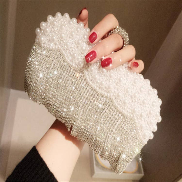 Elegant Pearl and Crystal Clutch L6130: Silver
