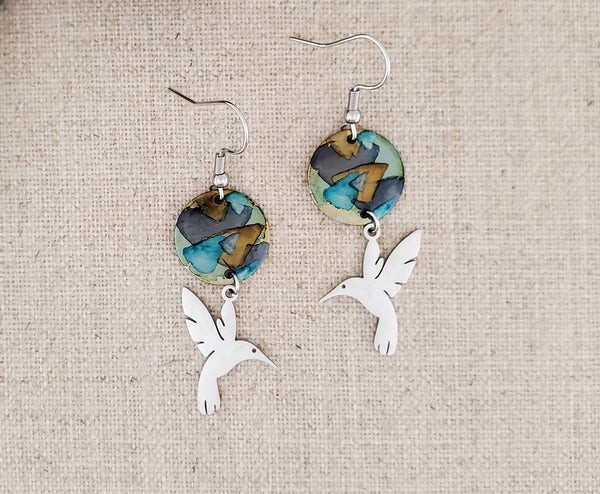 Alcohol Ink Stainless Steel Hummingbird Drop   Earrings: Pinks