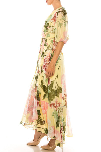 Yellow Blush Floral Ruffle Midi Dress