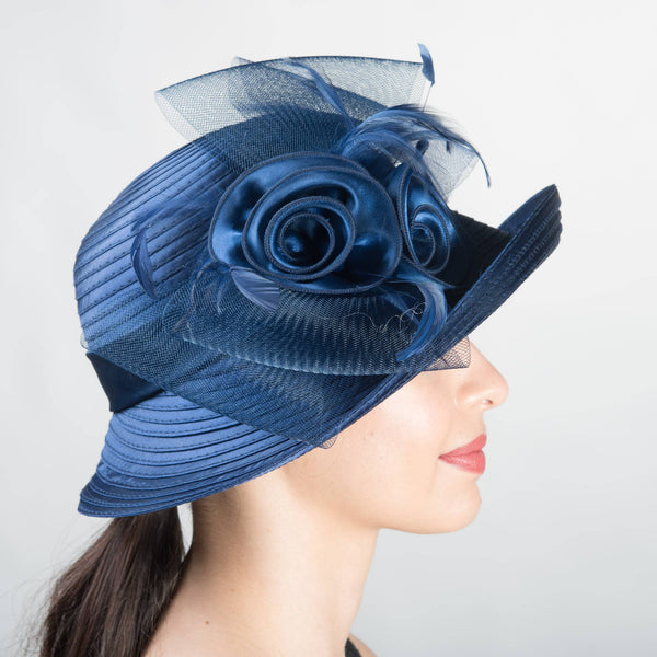 Satin Ribbon Kettle brim with flower embellishment: Bronze