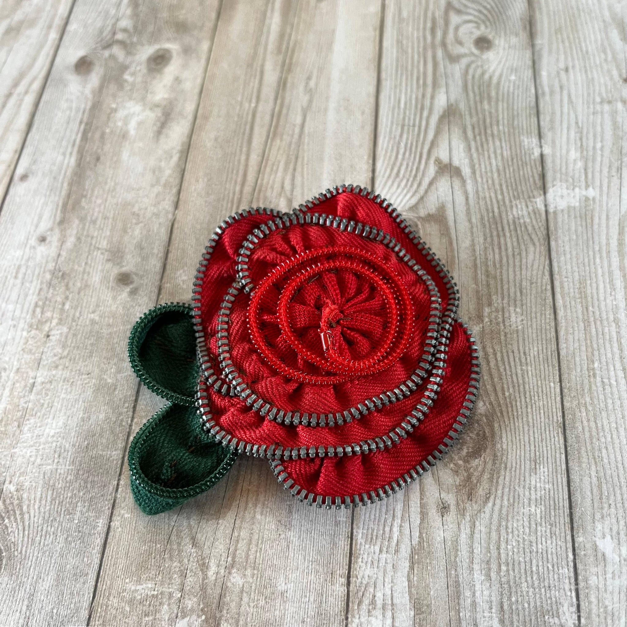 OOAK Vintage Zipper Flower Brooch Red Rose