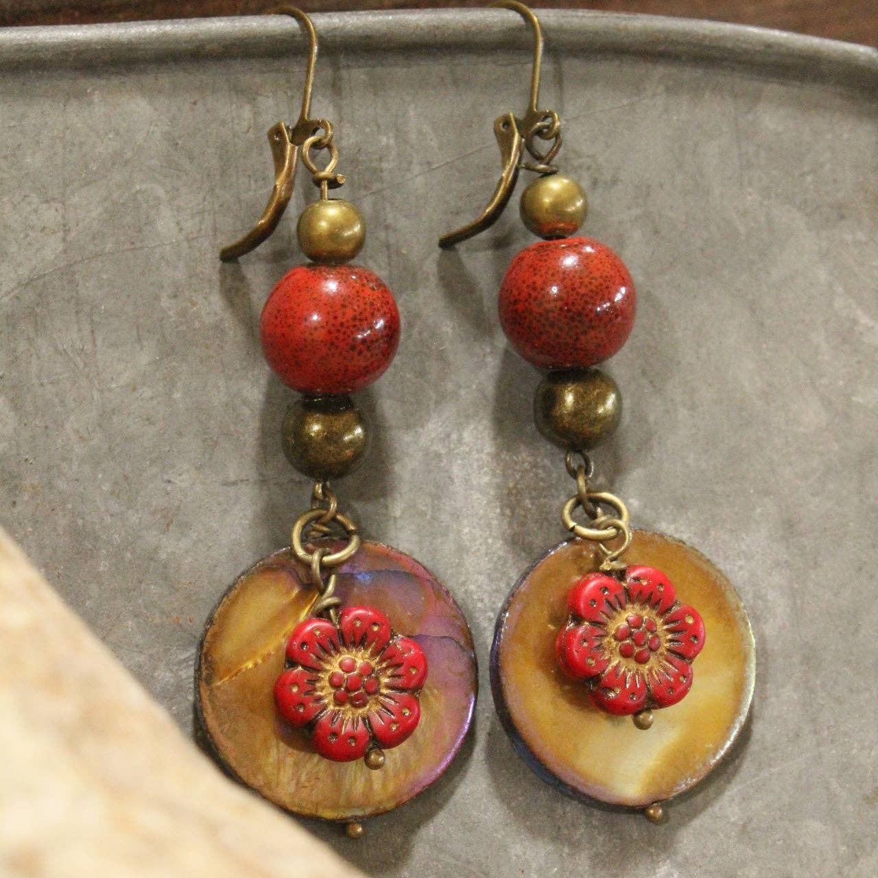 Red Czech Flower Stone Earrings