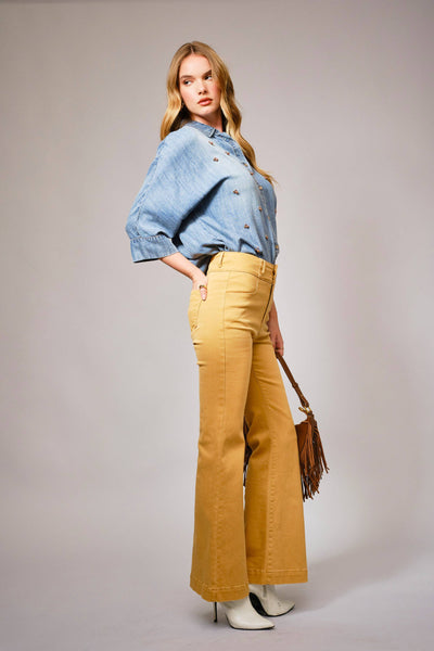 36901T - Hi-Low Pearl Embellished Chambray Top: MED WASH / S