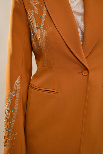 23504J Woven Suiting Studded Embroidered Blazer: CAMEL / S-M-L (2-2-2)