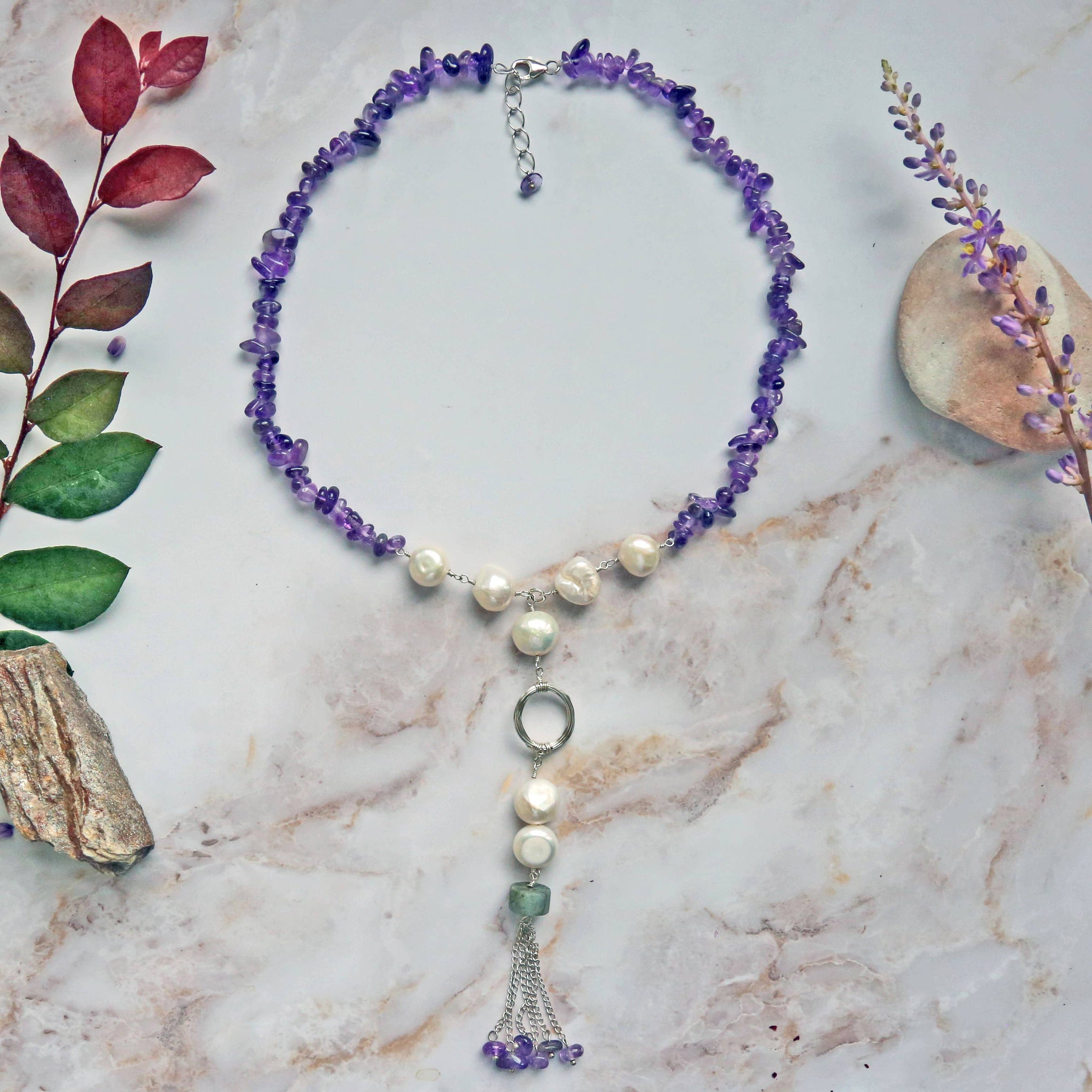 Gemstones & Pearl Tassel Necklace: Amethyst