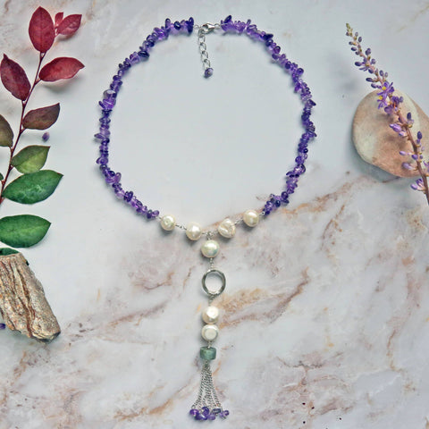 Gemstones & Pearl Tassel Necklace: Amethyst