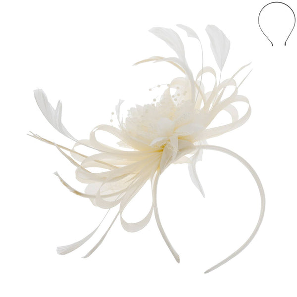 Floral Fascinator Headband w/ Side Loops & Feathers: White