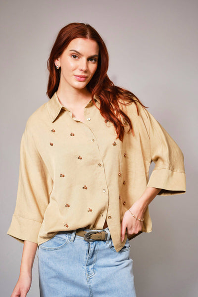 36901T - Hi-Low Pearl Embellished Chambray Top: MED WASH / M