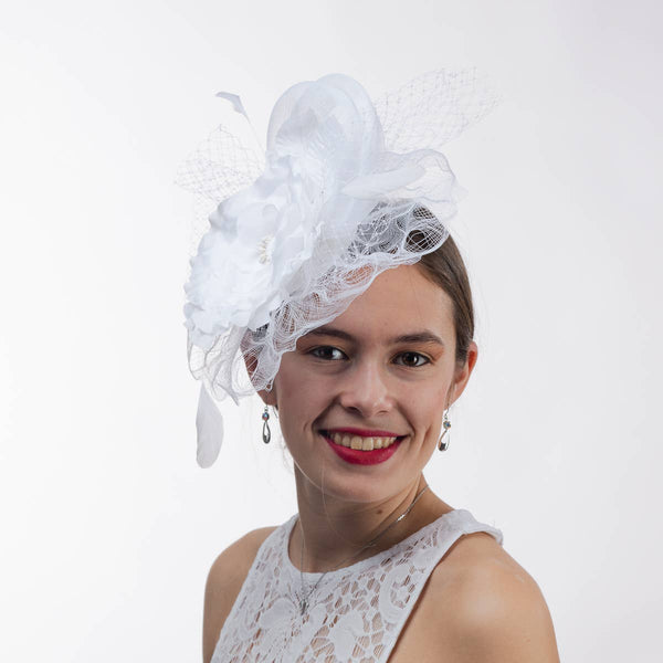 5830C Flower Adorned Crinoline Comb Fascinator Cocktail Hats: SILVER / Crinoline