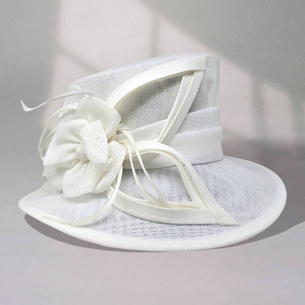 Flower Ribbon Feather Accented Sinamay Dressy Hat: Camel