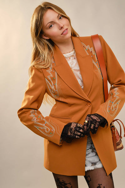 23504J Woven Suiting Studded Embroidered Blazer: CAMEL / S-M-L (2-2-2)