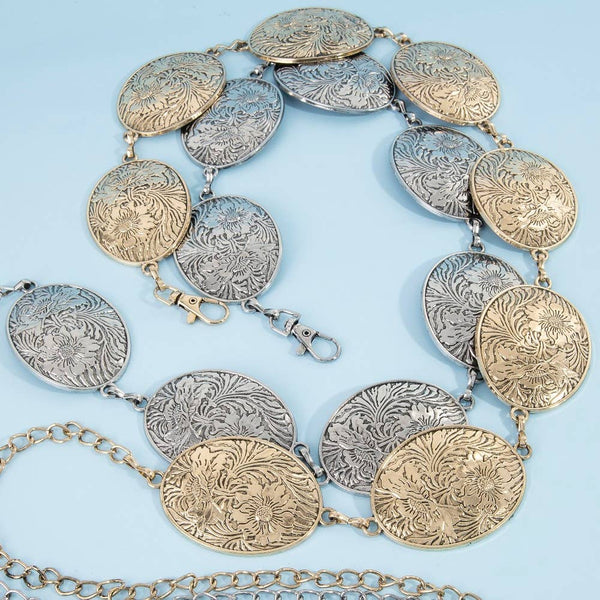 Flower Engraved Oval Concho Chain Belt: G