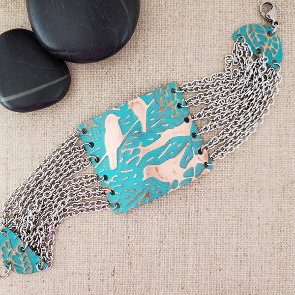 Embossed Bird Paint Patina Multi Chain Copper Bracelet: Navy