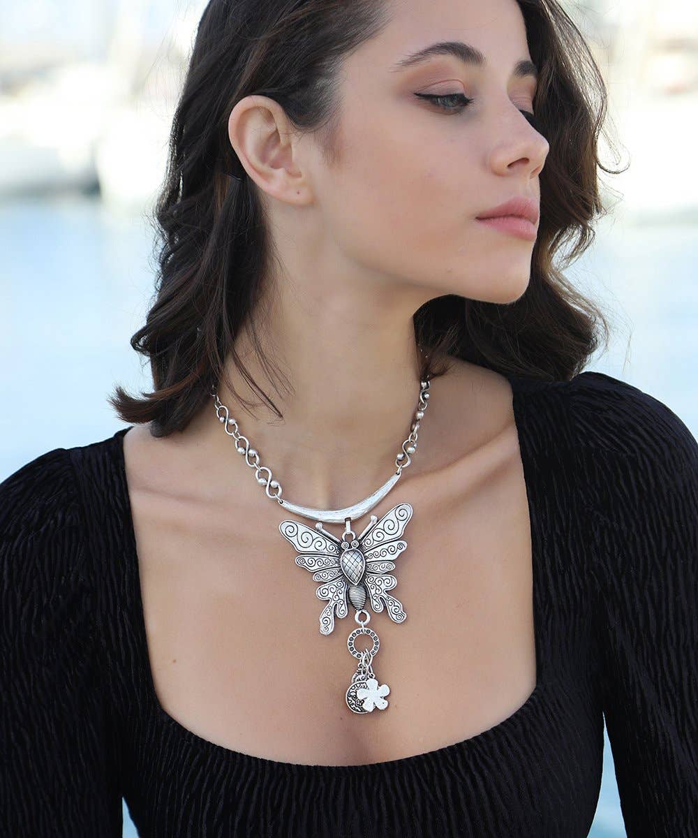 Silver Plated Bohemian Butterfly Design Necklace: Silver / Brass