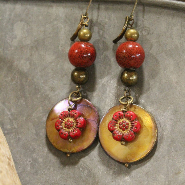 Red Czech Flower Stone Earrings