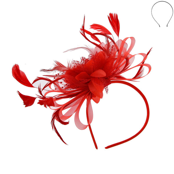 Floral Fascinator Headband w/ Side Loops & Feathers: White