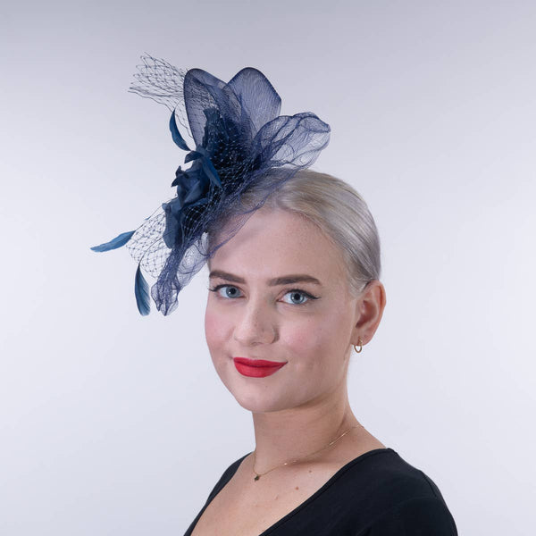 5830C Flower Adorned Crinoline Comb Fascinator Cocktail Hats: NAVY / Crinoline