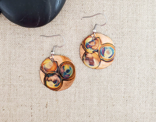 Various Size Flame Paint Copper Circle Earrings: Medium
