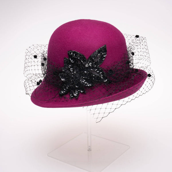 400802 Veil Cloche Wool Felt Women's Dress Hats: RED/BLACK / Felt