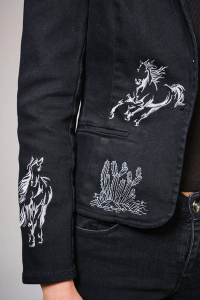 23567J - Stretch Denim Embroidered Western Blazer: BLACK / L