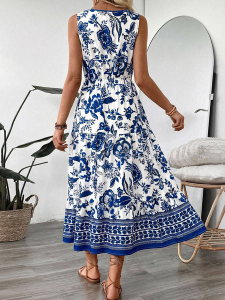 Floral V Neck Sleeveless Maxi Dress: Navy / S