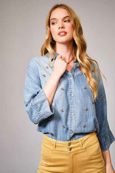 36901T - Hi-Low Pearl Embellished Chambray Top: MED WASH / L