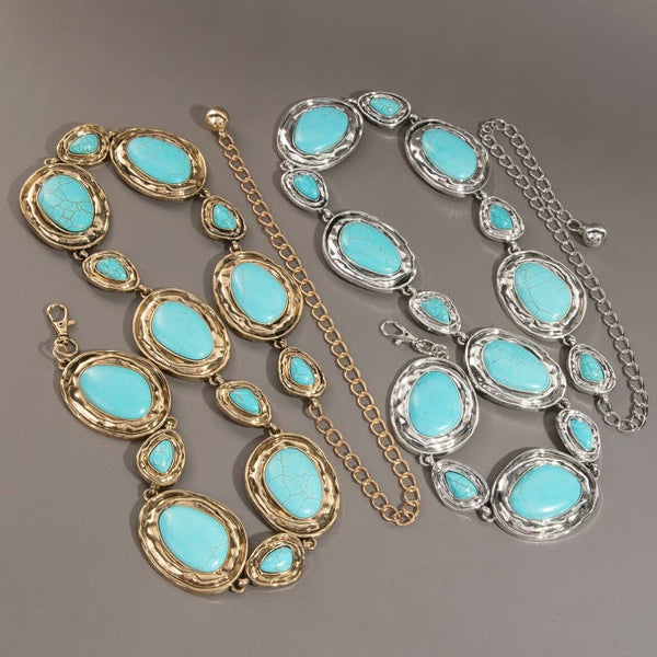 Ornate Western Concho Turquoise Stone Chain Belt: S