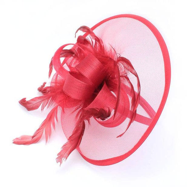 Style Doris. Ruby Red Net And Feather Fascinator
